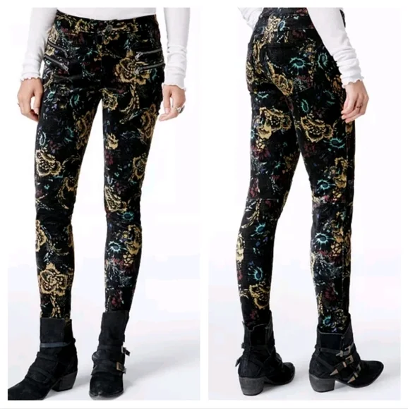 Free People Lennon Funktown Velvet Moto Zip Floral Printed Skinny Pants Size 0 - Picture 2 of 14